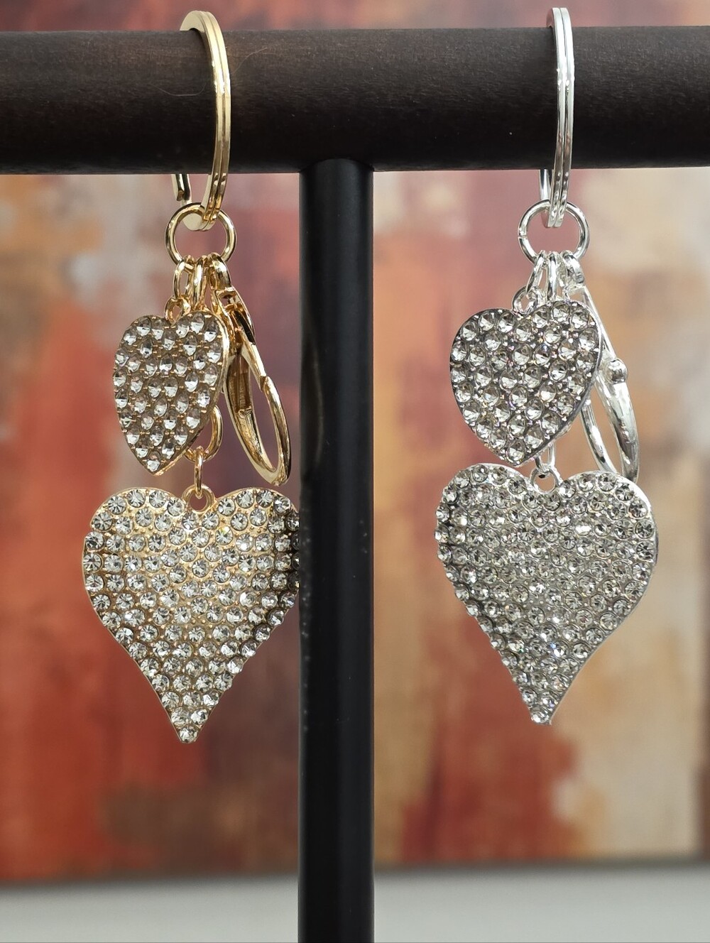 Two Rhinestone Heart Keychain Matching Set- Gold and Silver Sparkle